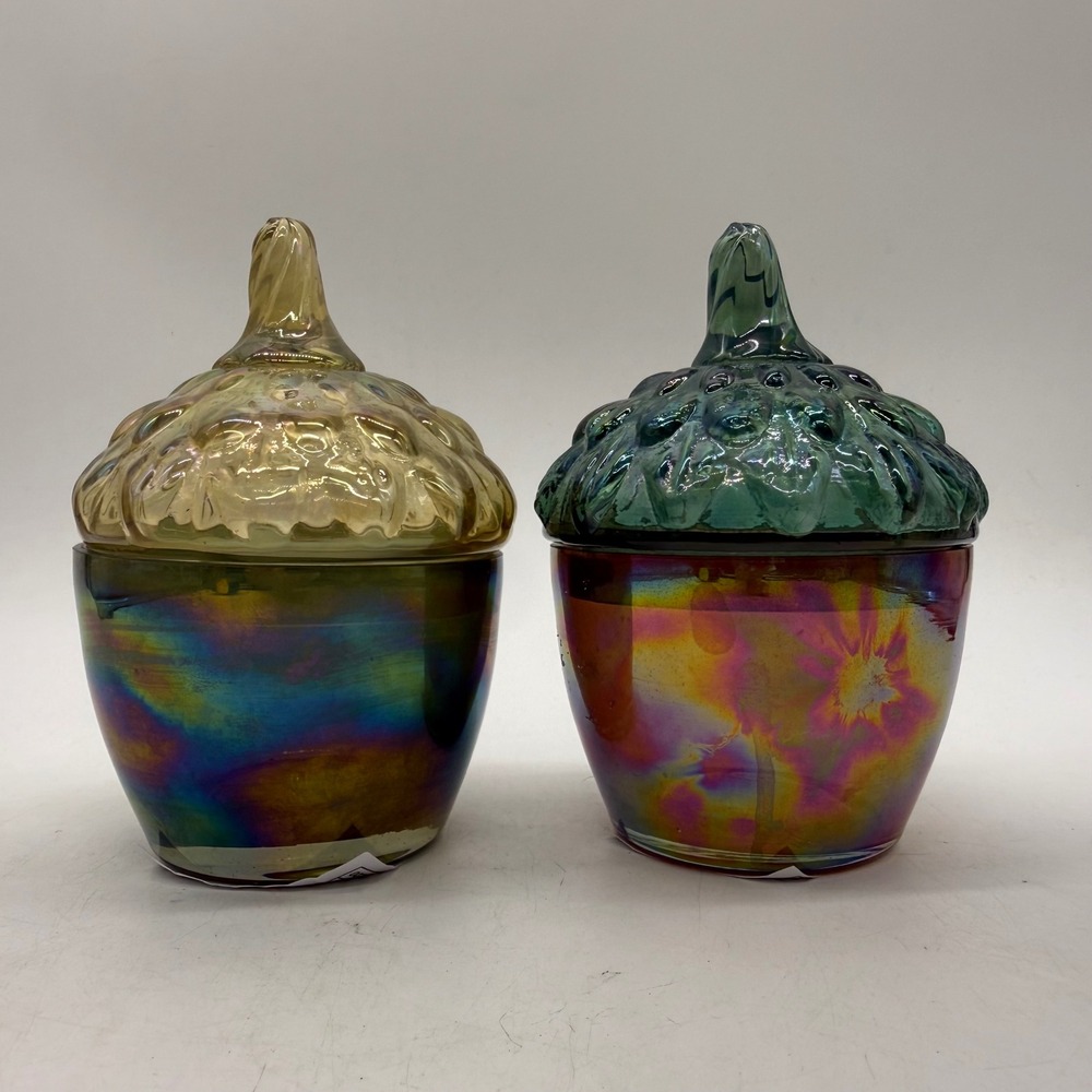 Unbranded Acorn Glass Jars Iridescent Teal Gold Lidded Set of 2 Unique Rare